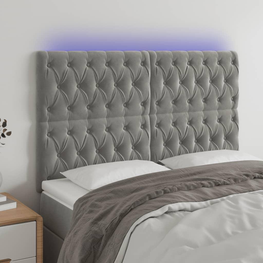 Sengegavl Med Led-Lys Velour - Lysegrå / 144 x 7 x 118/128 cm