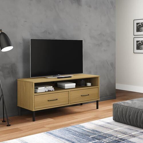Tv-bord med metalben OSLO massivt fyrretræ brun