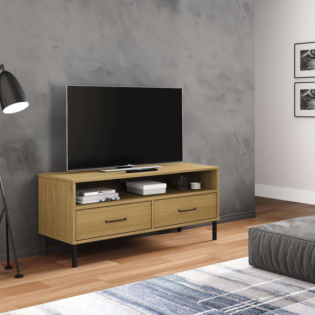 Tv-bord med metalben OSLO massivt fyrretræ brun