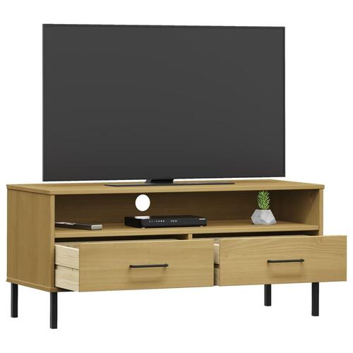 Tv-bord med metalben OSLO massivt fyrretræ brun
