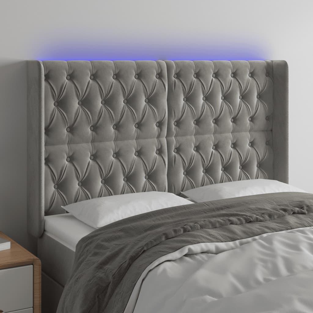 Sengegavl Med Led-Lys Fløjl - Lysegrå / 147 x 16 x 118/128 cm