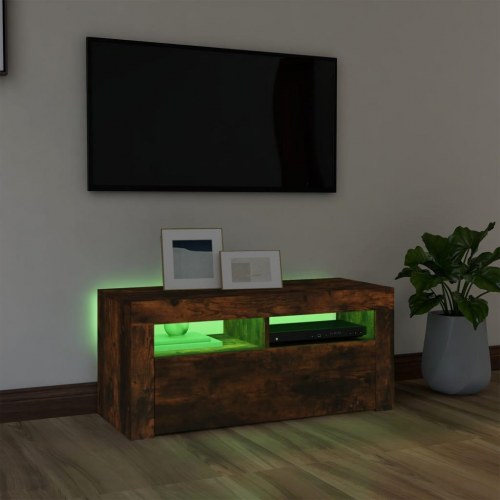 Tv-bord med LED-lys - 90×35×40 cm, røget egetræsfarve