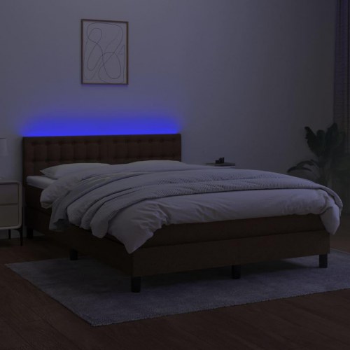 Kontinentalseng med LED-lys 140×200 cm - stof, mørkebrun
