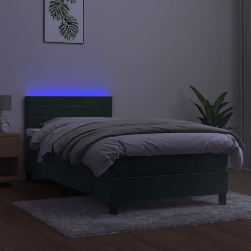 Kontinentalseng med madras og LED-lys 90x200 cm - fløjl, mørkegrøn