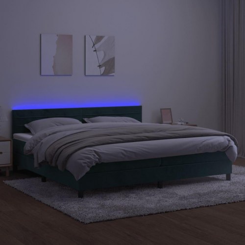 Kontinentalseng med madras og LED-lys 200x200 cm - fløjl, mørkegrøn