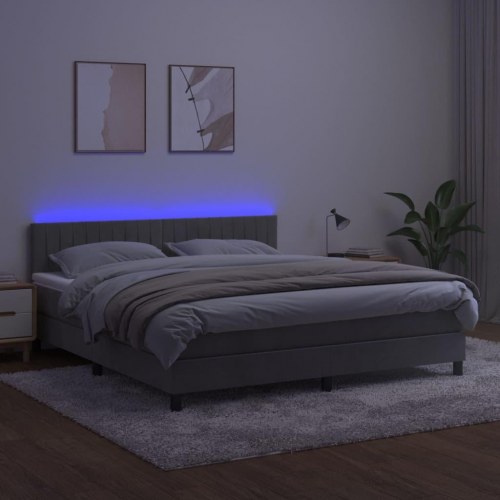 Kontinentalseng 160x200 cm i lysegrå fløjl med madras og LED-lys