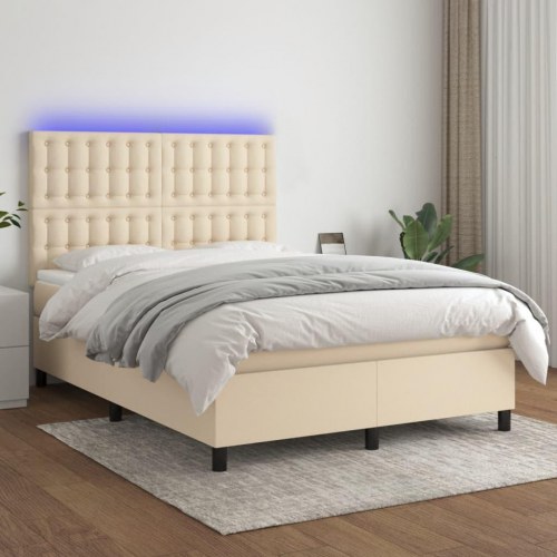 Kontinentalseng med LED-lys 140×190 cm - stof, cremefarvet