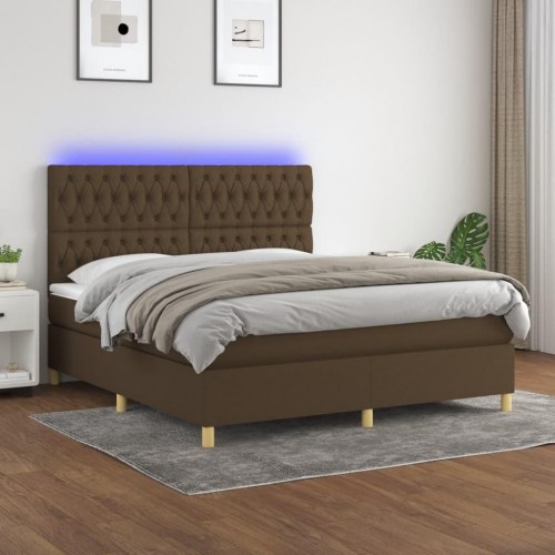 Kontinentalseng med LED-lys 160×200 cm - stof, mørkebrun