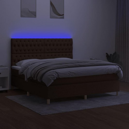 Kontinentalseng med LED-lys 160×200 cm - stof, mørkebrun
