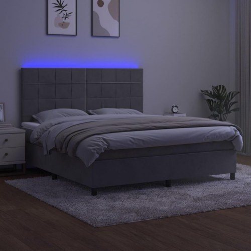 Kontinentalseng med LED-lys 180x200 cm - fløjl, lysegrå