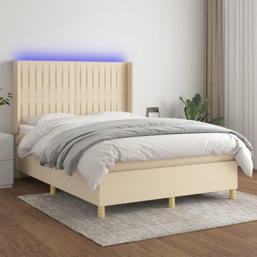 Kontinentalseng med LED-lys 140×190 cm - stof, cremefarvet