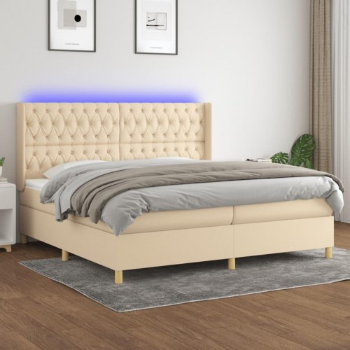 Kontinentalseng med LED-lys 200×200 cm - stof, cremefarvet