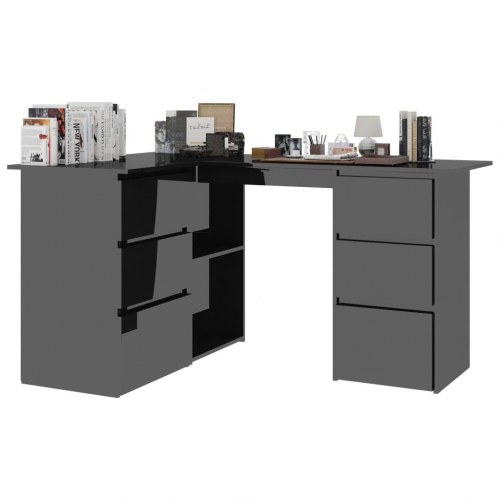 L-formet skrivebord 145x100x76 cm konstrueret træ sort højglans