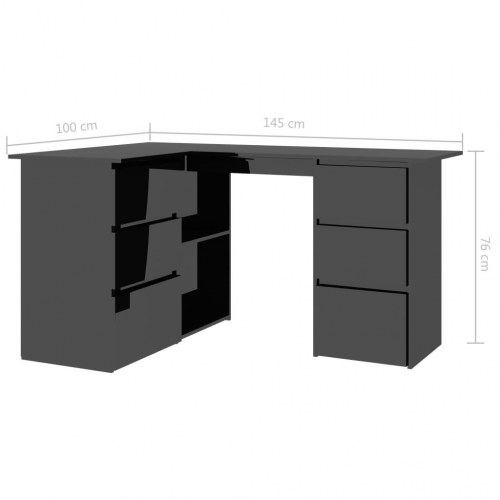 L-formet skrivebord 145x100x76 cm konstrueret træ sort højglans