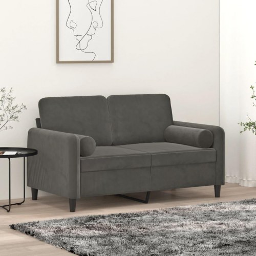 2-personers sofa med puder og hynder 120 cm velour mørkegrå