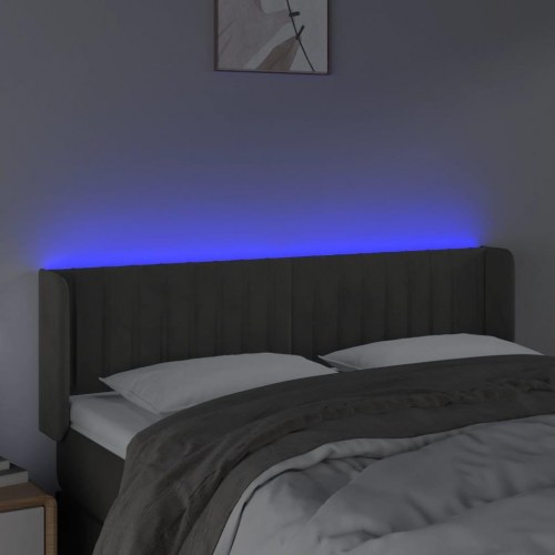 Sengegavl med LED-lys i fløjl - mørkegrå, 147 x 16 x 78/88 cm