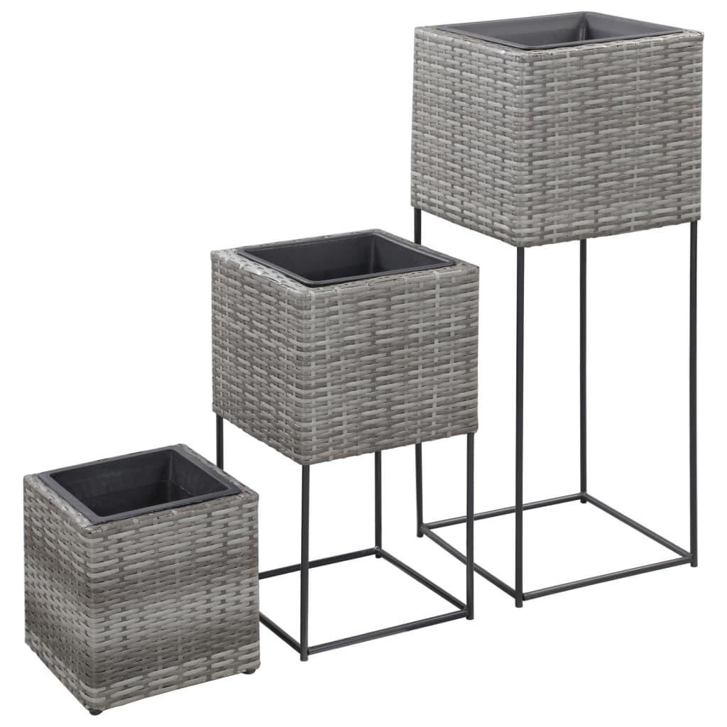 Forhøjede plantekrukker 3 stk. polyrattan grå