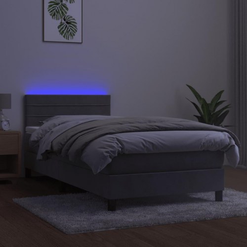 Kontinentalseng med madras og LED-lys 90x200 cm - fløjl, lysegrå