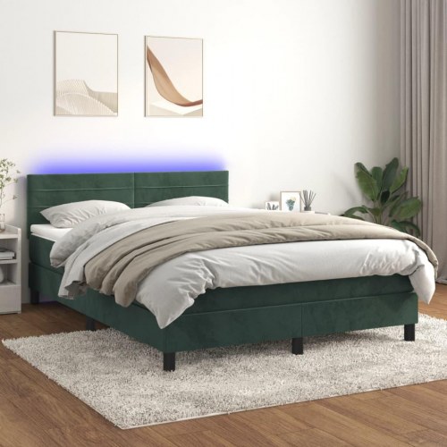 Kontinentalseng med madras og LED-lys 140x200 cm - fløjl, mørkegrøn