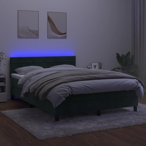 Kontinentalseng med madras og LED-lys 140x200 cm - fløjl, mørkegrøn