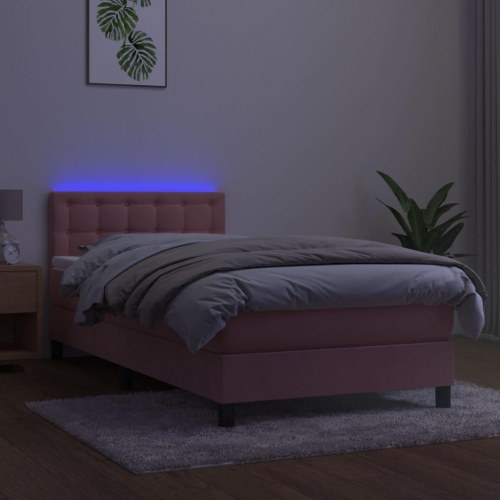 Kontinentalseng med madras og LED-lys - 100×200 cm, fløjl, lyserød