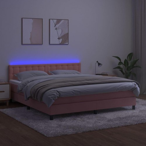 Kontinentalseng 160x200 cm i fløjl - lyserød med madras og LED-lys