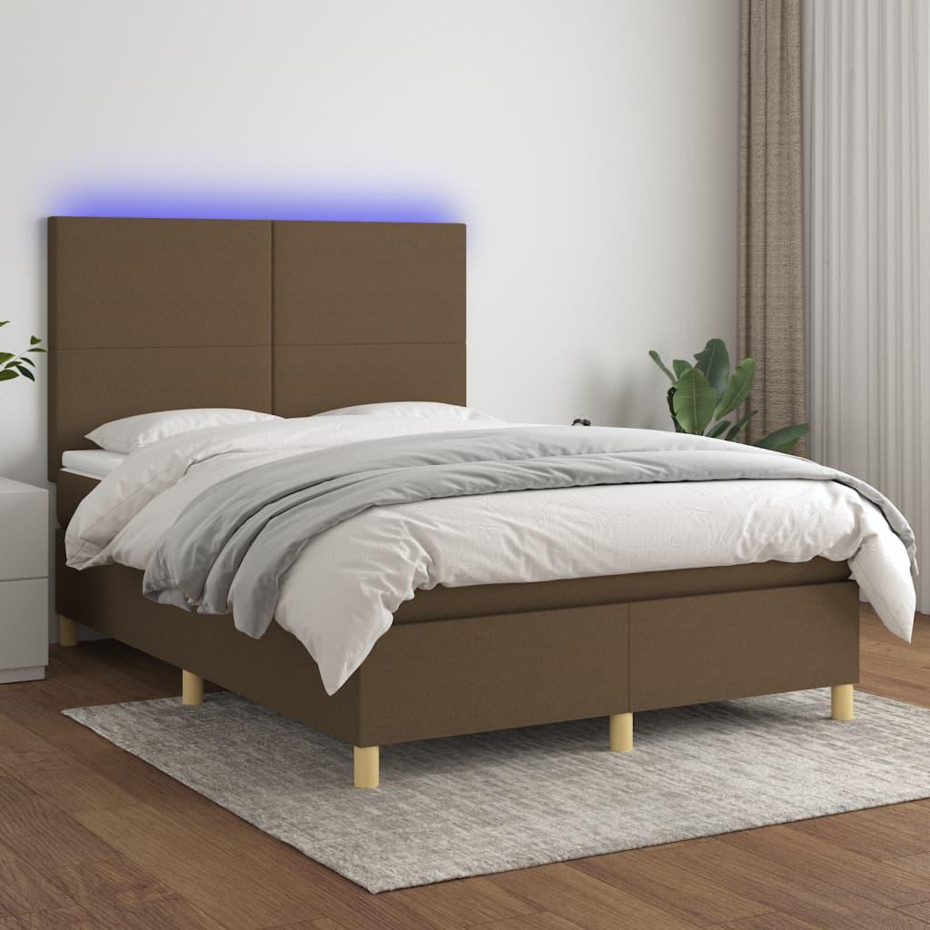 Kontinentalseng med LED-lys 140x200 cm - stof, mørkebrun