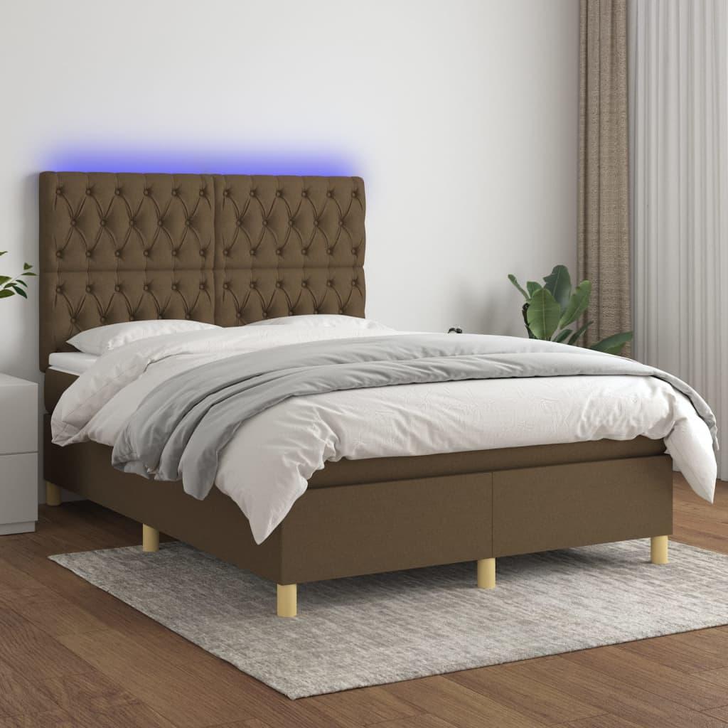 Kontinentalseng med LED-lys 140×200 cm - stof, mørkebrun
