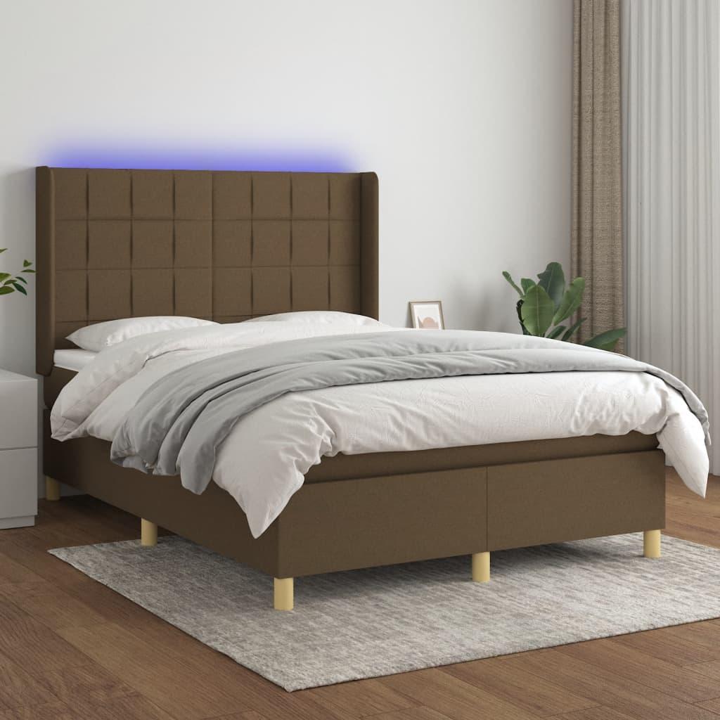 Kontinentalseng med LED-lys 140x200 cm - stof, mørkebrun