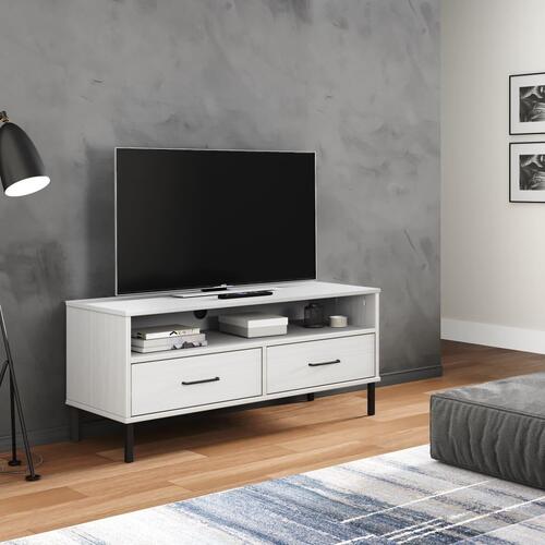 Tv-bord med metalben OSLO massivt fyrretræ hvid