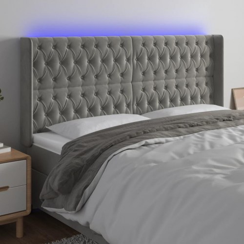 Sengegavl med LED-lys 183 x 16 x 118/128 cm - lysegrå fløjl