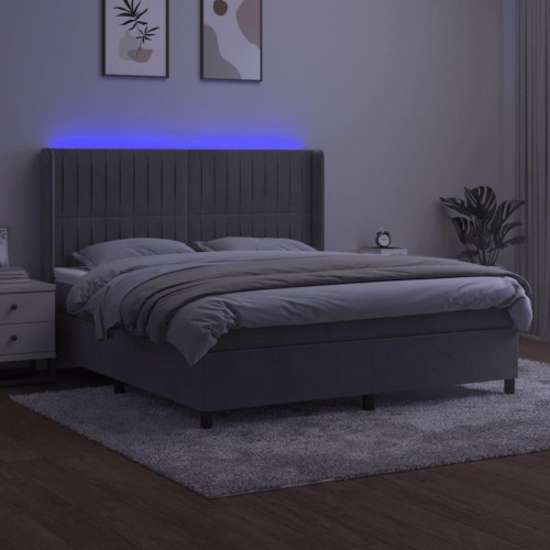 Kontinentalseng med LED-lys 160×200 cm - fløjl, lysegrå