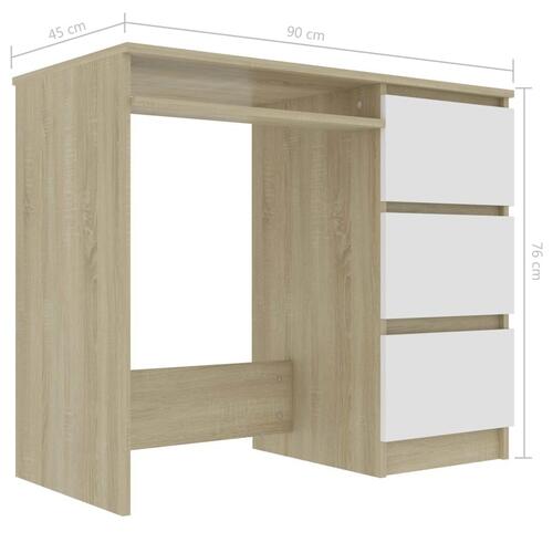 Skrivebord 90x45x76 cm spånplade hvid og sonoma-eg