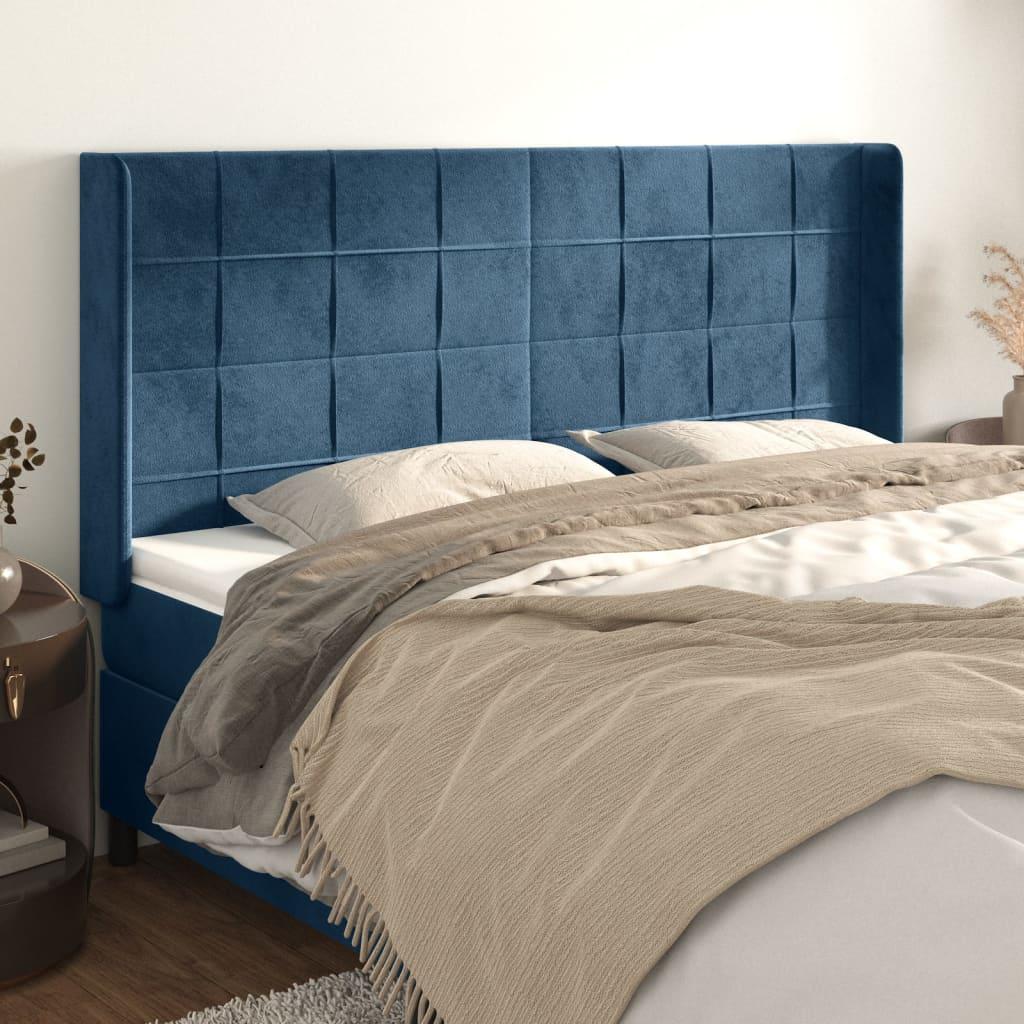 vidaXL sengegavl med kanter 203x16x118/128 cm fløjl mørkeblå