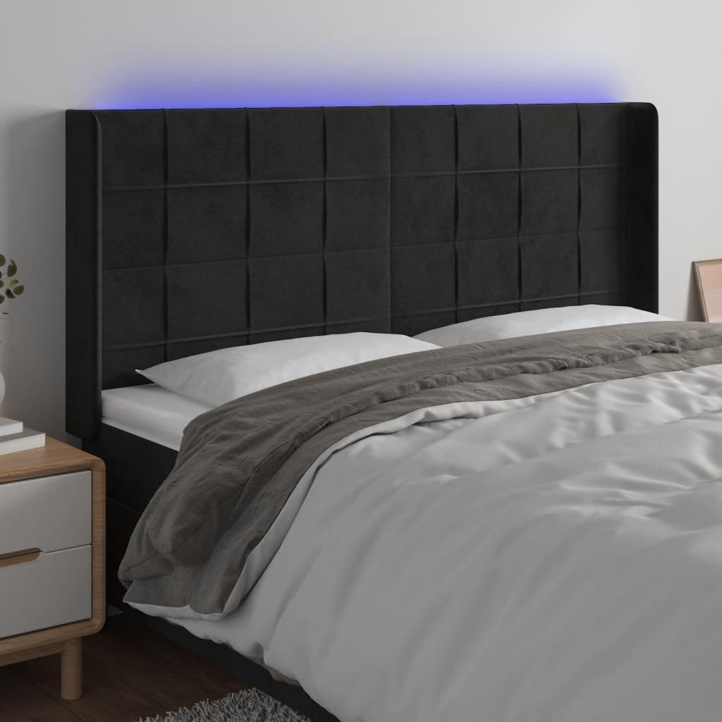 Sengegavl med LED-lys 203x16x118/128 cm - fløjl, sort