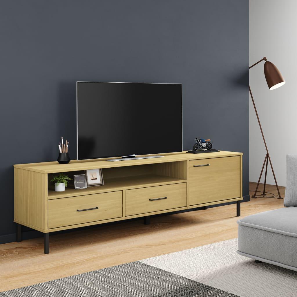Tv-bord med metalben OSLO massivt fyrretræ brun