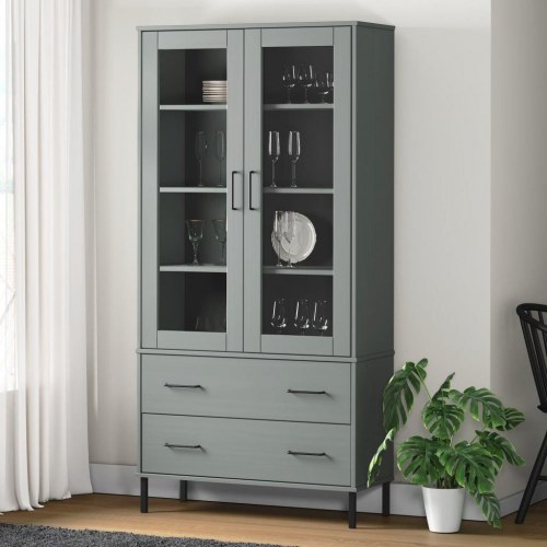 Bogskab med glaslåger og metalben - OSLO 85×35×172,5 cm, massivt fyrretræ, grå