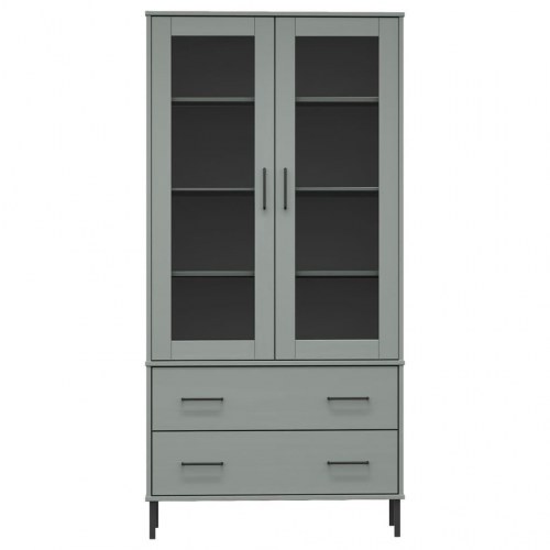 Bogskab med glaslåger og metalben - OSLO 85×35×172,5 cm, massivt fyrretræ, grå
