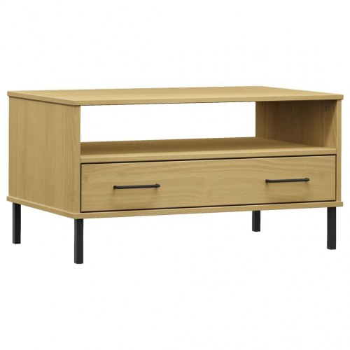 Sofabord med metalben OSLO - 85×50×45 cm - massivt fyrretræ, brun
