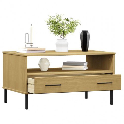 Sofabord med metalben OSLO - 85×50×45 cm - massivt fyrretræ, brun