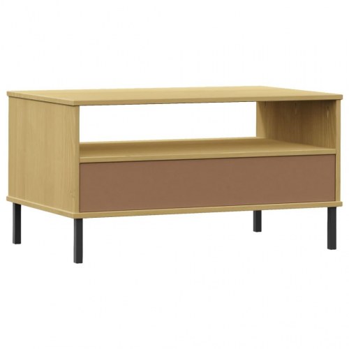 Sofabord med metalben OSLO - 85×50×45 cm - massivt fyrretræ, brun