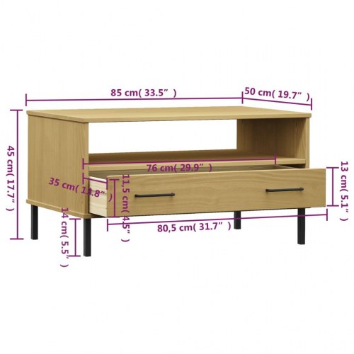 Sofabord med metalben OSLO - 85×50×45 cm - massivt fyrretræ, brun