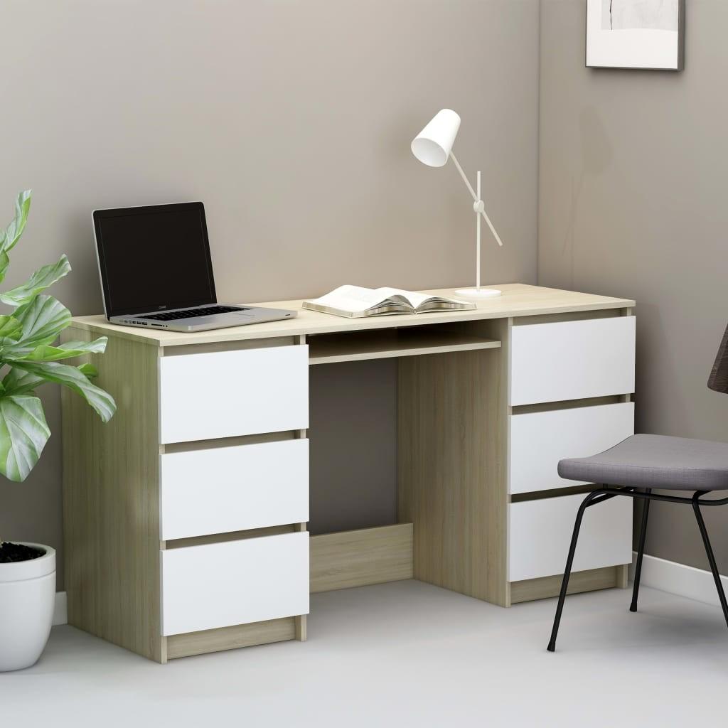 Skrivebord 140x50x77 cm konstrueret træ hvid og sonoma-eg