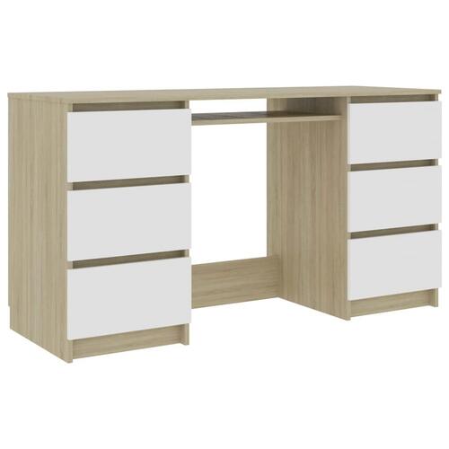 Skrivebord 140x50x77 cm konstrueret træ hvid og sonoma-eg