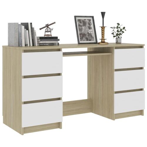 Skrivebord 140x50x77 cm konstrueret træ hvid og sonoma-eg