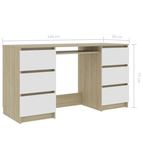 Skrivebord 140x50x77 cm konstrueret træ hvid og sonoma-eg
