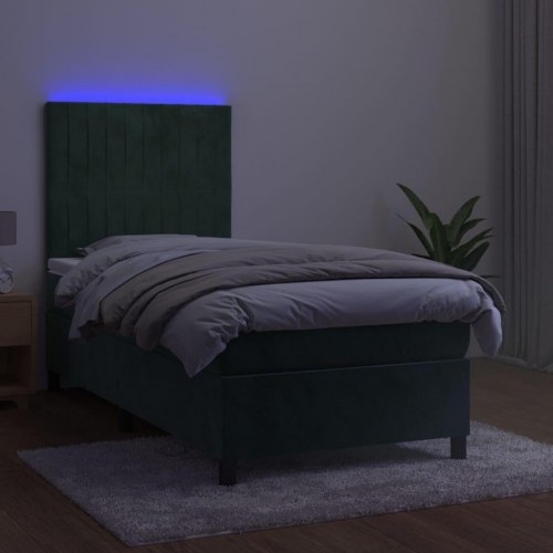 Kontinentalseng med LED-lys 90×200 cm - fløjl, mørkegrøn
