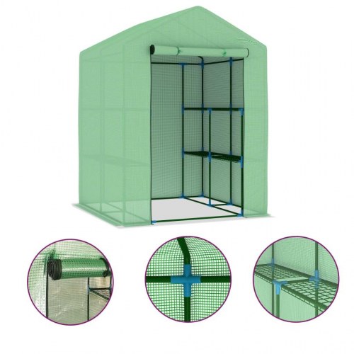 Drivhus med hylder 143 × 143 × 195 cm - stålramme, grønt PE-net