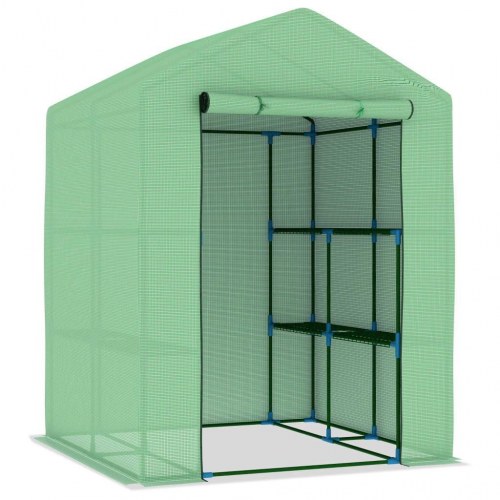 Drivhus med hylder 143 × 143 × 195 cm - stålramme, grønt PE-net