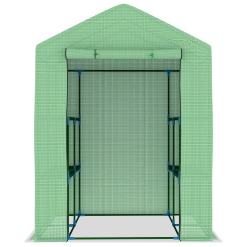 Drivhus med hylder 143 × 143 × 195 cm - stålramme, grønt PE-net